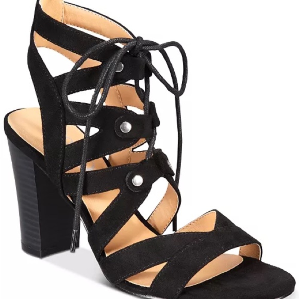 XOXO Black Lace-Up Gladiator Heels Size 8.5 Strappy Block Heel Sandals